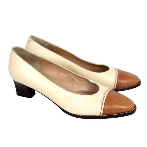 Pedro Garcia Spain BEIGE BROWN GENUINE LEATHER MID HEEL CLASSIC SHOES Sz 7/37 - Picture 4 of 10